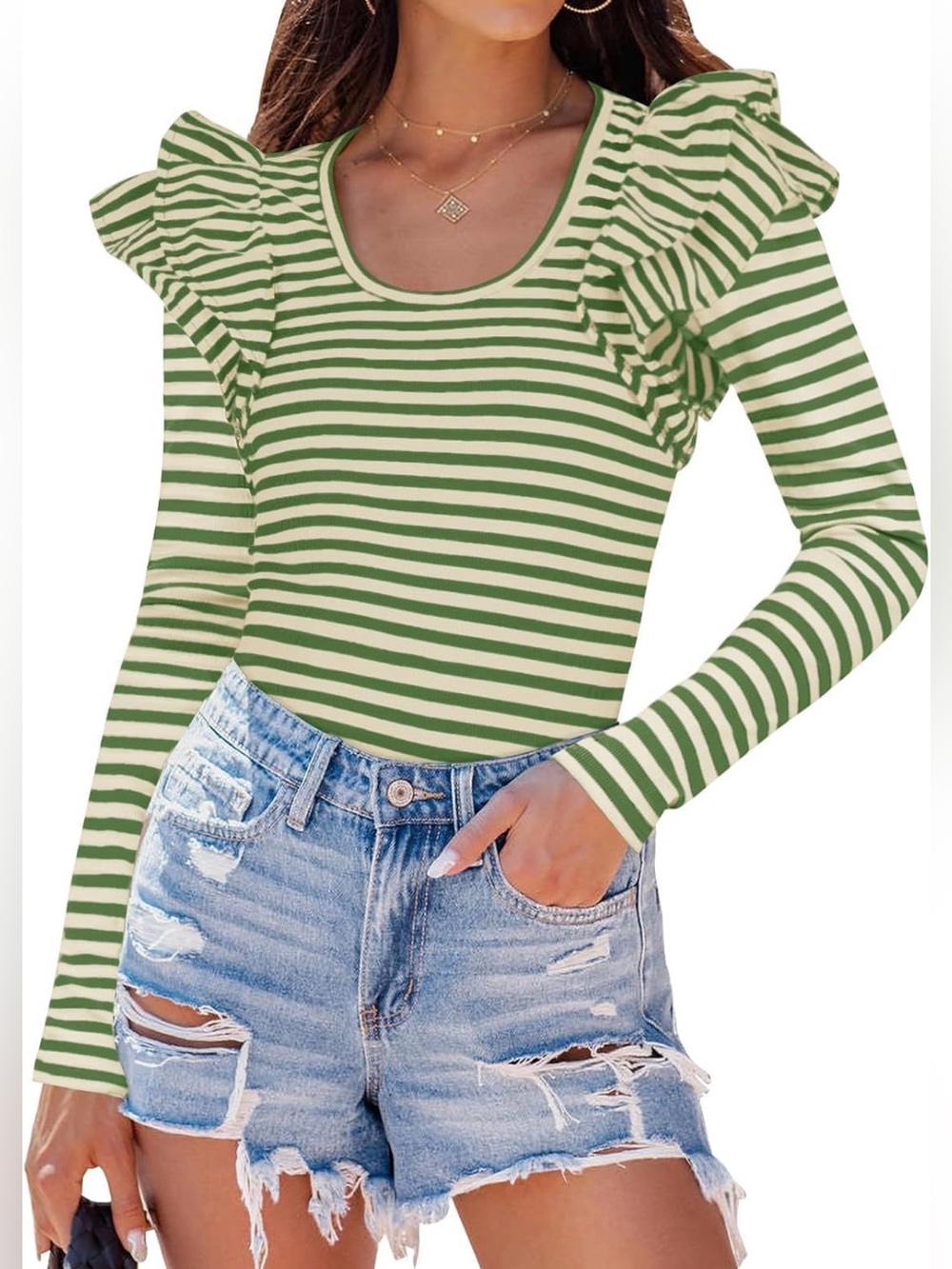 Green & White Striped Ruffle-Shoulder Long Sleeve Top